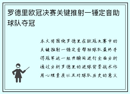 罗德里欧冠决赛关键推射一锤定音助球队夺冠