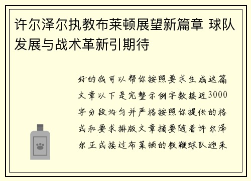 许尔泽尔执教布莱顿展望新篇章 球队发展与战术革新引期待 许尔泽尔执教布莱顿展望新篇章 球队发展与战术革新引期待